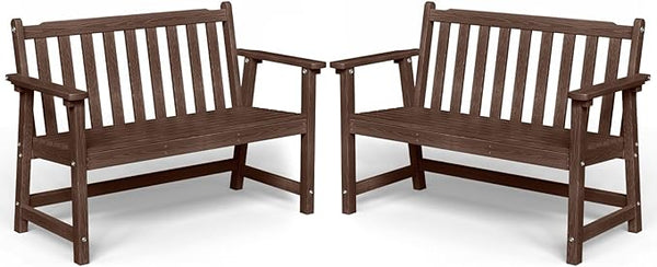 Outdoor Bench, 2-Person HDPE Garden Bench, All Weather Poly Patio Bench for Outdoors, Garden, Backyard, Porch and Park, 550 lbs Weight Capacity, Brown, 2 Pack