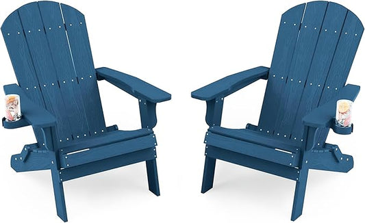 YEFU Adirondack Chair Set of 2, Folding Oversized Plastic Adirondack Chair with Cup Holder, Lawn Chair with Weather Resistant for Outdoor Deck Garden, Weight Capacity Up to 400 Lbs–Navy