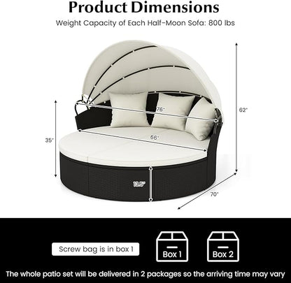 HAPPYGRILL Patio Round Daybed, Wicker Daybed with Retractable Canopy, Separated Seating Sectional Sofa with Cushions & Pillows, Clamshell Daybed for Backyard Porch Poolside