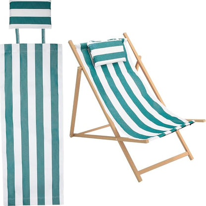 GORGECRAFT Beach Sling Chair Canvas Cloth with Pillow 44x17 Green and White Stripes Casual Lounge Chair Replacement Canvas Outdoor Folding Chair Fabric for Patio Beach Sunbathing Garden Courtyard
