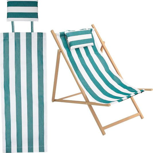 GORGECRAFT Beach Sling Chair Canvas Cloth with Pillow 44x17 Green and White Stripes Casual Lounge Chair Replacement Canvas Outdoor Folding Chair Fabric for Patio Beach Sunbathing Garden Courtyard