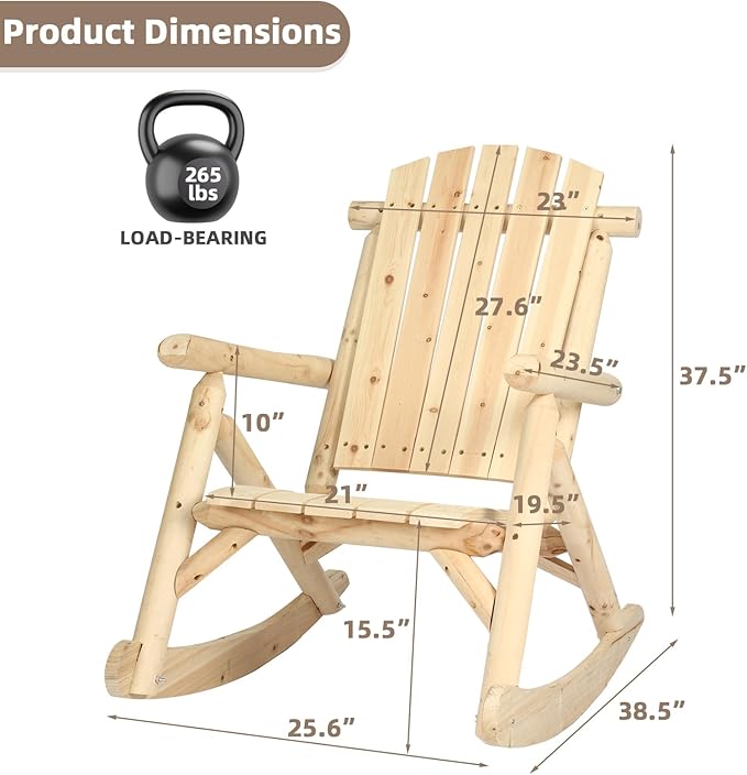 Outdoor Wooden Rocking Chair, Patio Log Rustic Adirondack Porch Rocker, All Weather Solid Wood Rocker Chair with High Back & Slatted Seat for Indoor, Backyard, Garden (Set of 2, Natural)