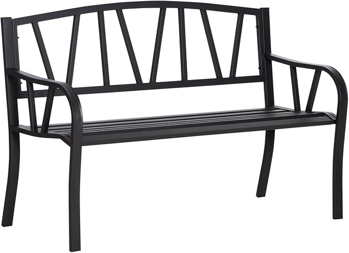 50" Metal Garden Bench, Black Outdoor Patio Bench for 2, Park-Style Comfort, Rust-Resistant with Smooth Armrests