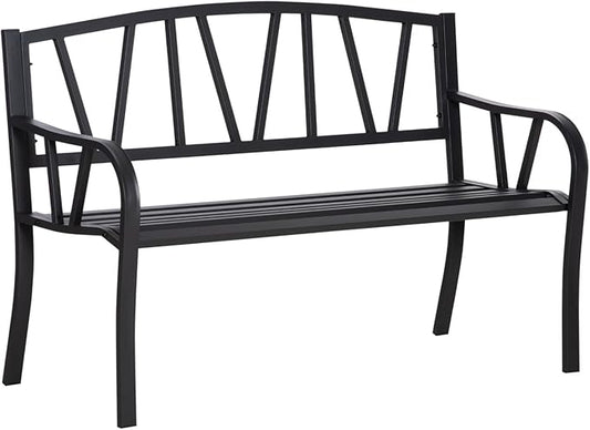 50" Metal Garden Bench, Black Outdoor Patio Bench for 2, Park-Style Comfort, Rust-Resistant with Smooth Armrests