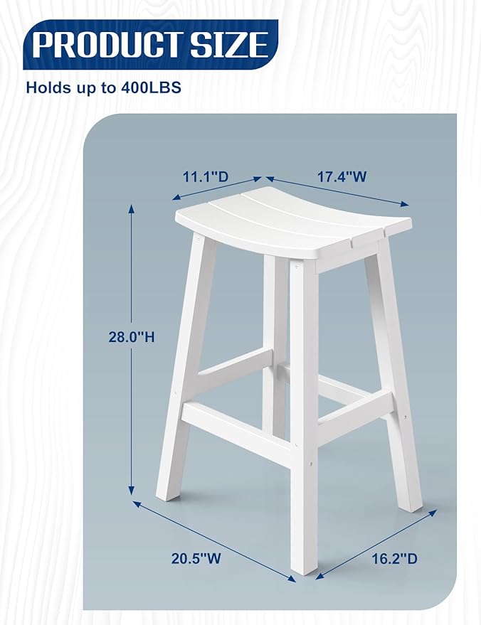 Weatherproof Bar Stools Set of 4, 28" Height Outdoor Bar Stools Holds up to 400 lbs, Saddle Seat, Bar Height Stools for Patio, Garden, and Kitchen Island, White