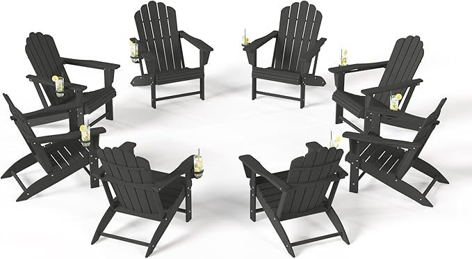 Costaelm Lakeview Outdoor Patio HDPE Adirondack Chairs with Cup Holders (Set of 8), Gray