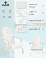 LUE BONA Folding Adirondack Chair, Chairs Set of 8, Cup Holder, Woodgrain, Fire Pit, Patio, Pool, White - Photo 4