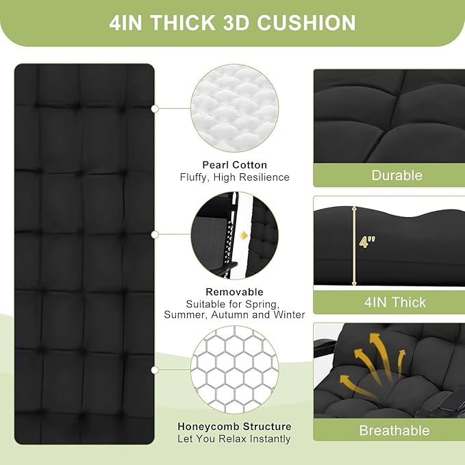 Zero Lounge Chair Supports 440 Lbs, Indoor/Outdoor Adjustable Folding Recliner with 29 Inch Seat, Removable Cup Holder & Headrest Black
