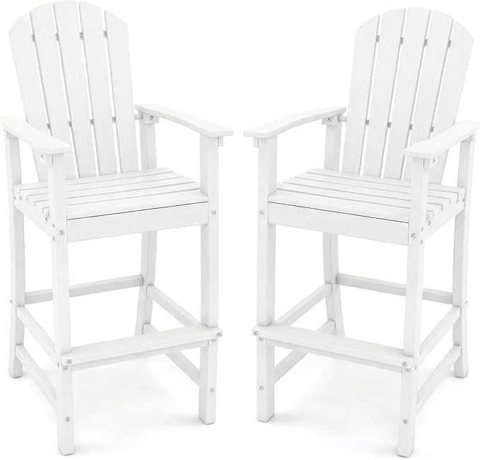 Giantex Set of 2 HDPE Outdoor Bar Stools, All Weather Tall Adirondack Chair with Armrest, Footrest, Load 360Lbs, Counter Height Bar Stool for Patio, Garden, Yard, Indoor Or Outdoor Use, White
