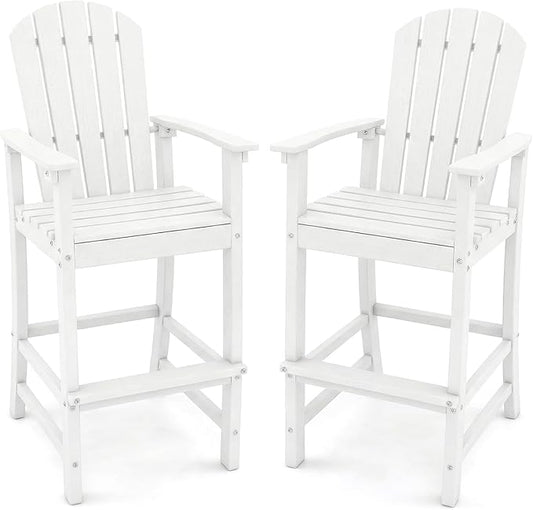 Giantex Set of 2 HDPE Outdoor Bar Stools, All Weather Tall Adirondack Chair with Armrest, Footrest, Load 360Lbs, Counter Height Bar Stool for Patio, Garden, Yard, Indoor Or Outdoor Use, White