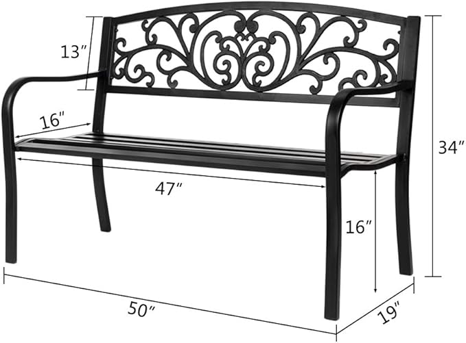 Outdoor Garden Bench,50" Patio Park Garden Bench Furniture,Iron Metal Frame Patio Park Bench with Floral Design Backrest,Arch Legs for Porch,Lawn,Garden,Yard (A)