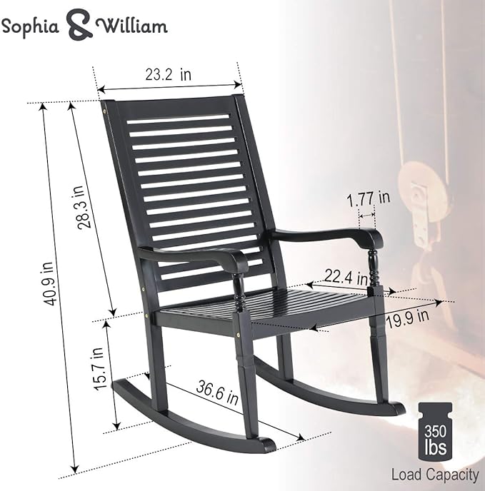 Sophia & William Outdoor Wood Rocking Chairs Set of 2 Black, Patio Rocking Chair for Porch, Patio, Garden, Lawn, Balcony, Backyard and Indoor, 2 Pack