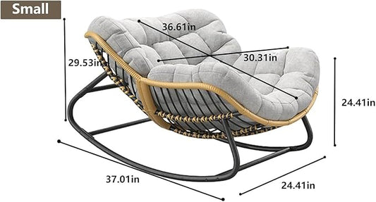 Oversized Papasan Rocking Chair with Cushion, Indoor/Outdoor Wicker Egg Lounge Rocker, Supports 300 lbs, Comfortable Patio Recliner for Bedroom, Living Room, Porch, Garden, Backyard-Grey