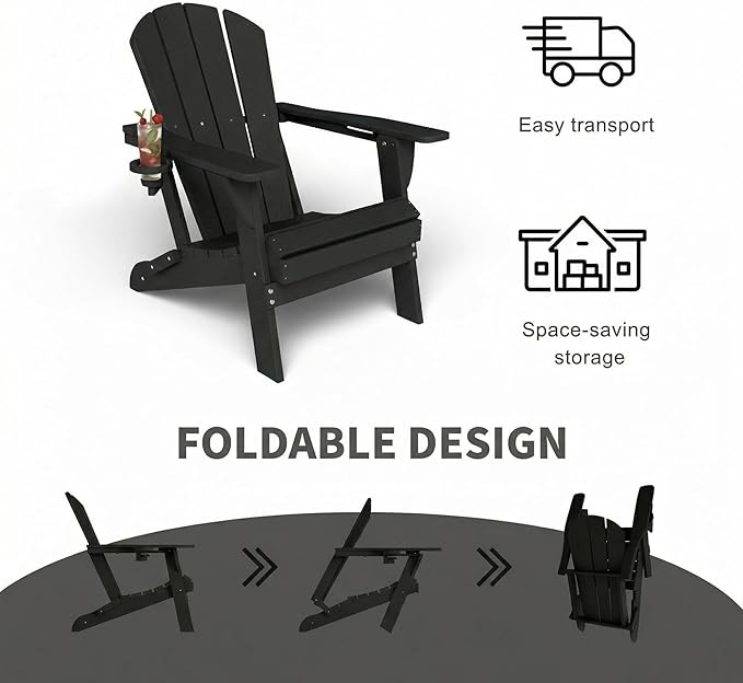 Kingdura Folding Adirondack Chairs Set of 2, Portable HDPE All Weather Resistant Outdoor Patio Chair, Wooden Textured with Cup Holder, 380LBS Capacity for Poolside, Backyard, Fire Pit (Black)