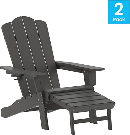 Flash Furniture Newport Adirondack Cup Holder and Pull Out Ottoman, All-Weather HDPE Indoor/Outdoor Lounge Chair, Set of 2, Gray