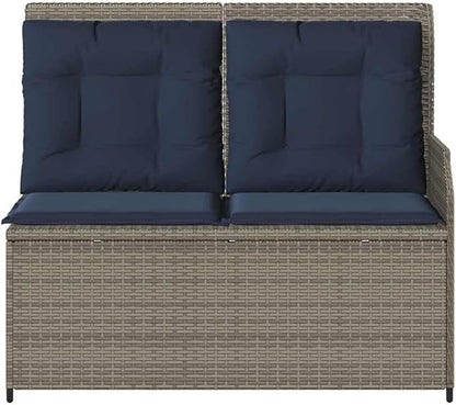 2-Seat Gray Reclining Garden Bench with Outdoor Cushion, 43.3 x 26.4 in UV-Resistant Poly Rattan, Adjustable Backrest Loveseat for Patio, Porch, and Modern Small Balcony Furniture Set