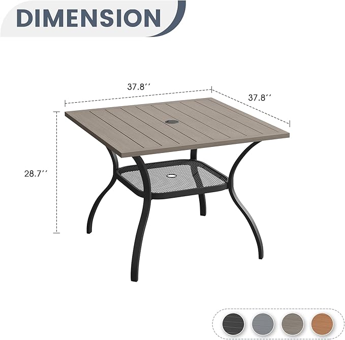 VICLLAX Outdoor Patio Dining Table for 4, Square Metal Table with Umbrella Hole and Storage Shelf for Garden, Lawn, Balcony, Deck, Grey