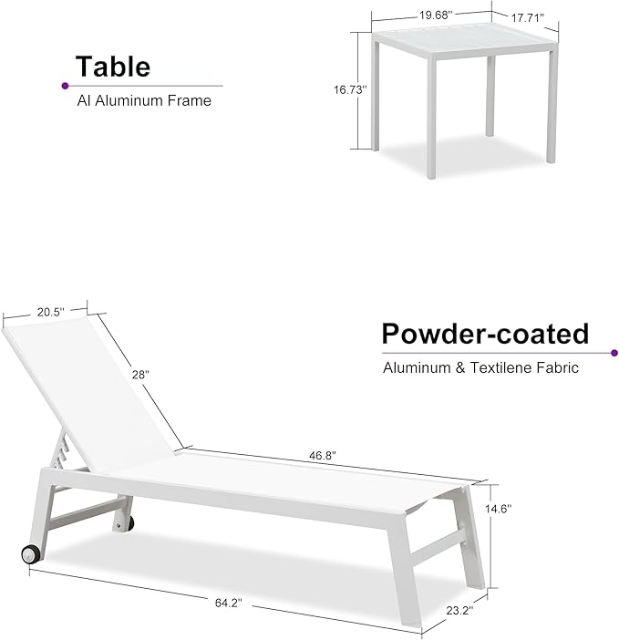 PURPLE LEAF Patio Lounge Chair 2 Pieces White Aluminum Outdoor Chaise Lounge for Pool Backyard Beach with Wheels and Table, Ivory