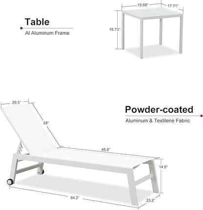 PURPLE LEAF Patio Lounge Chair 2 Pieces White Aluminum Outdoor Chaise Lounge for Pool Backyard Beach with Wheels and Table, Ivory
