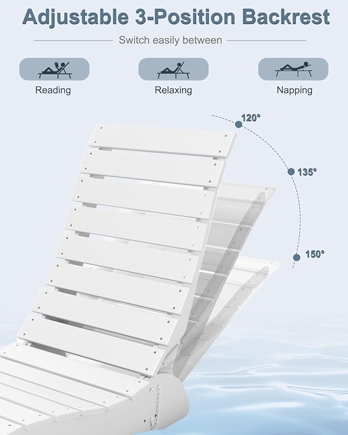Pool Lounge Chairs Set of 2, HDPE Adjustable Chaise Chairs with Headrest, Weighted Fade-Resistant Pool Chairs and Lounger for Baja Ledge，Poolside and Deck, White