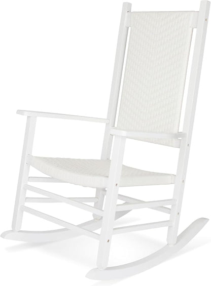 Shine Company Hampton Porch Rocker, High Back Wood Rocking Chair, Rattan Backrest & Seat, White