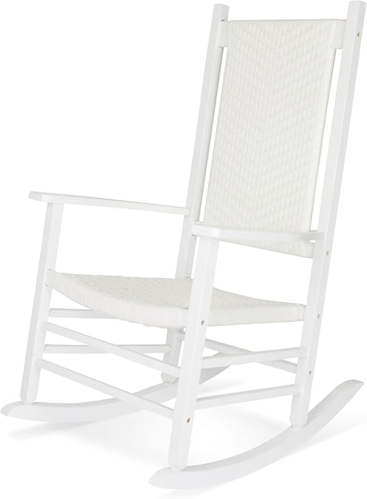 Shine Company Hampton Porch Rocker, High Back Wood Rocking Chair, Rattan Backrest & Seat, White