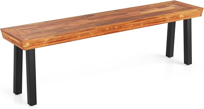 COSTWAY Outdoor Acacia Wood Benches, 2-3 People Backless Garden Benches with Metal Frame for Patio, Deck - Photo 1
