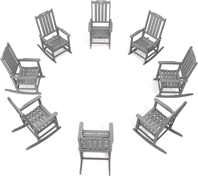 Oversized Rocking Chair Set of 8, Outdoor Rocking Chair for Adults, All Weather Resistant Porch Rocker for Lawn Garden, Grey