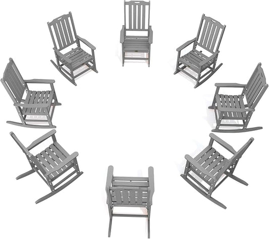Oversized Rocking Chair Set of 8, Outdoor Rocking Chair for Adults, All Weather Resistant Porch Rocker for Lawn Garden, Grey