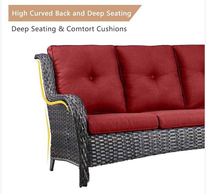 HUMMUH 6 Pieces Patio Furniture Set with Fire Pit Table High Back Outdoor Conversation Set Wicker Patio Couch Outdoor Chairs Ottomans for Balcony Garden,Lawn,Deck