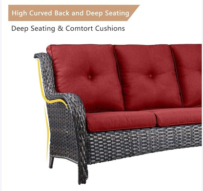 HUMMUH Outdoor Furniture 5 Pieces Patio Furniture Set Wicker Outdoor Sectional Sofa with 2 Patio Chairs,Ottomans(Brown/Red)