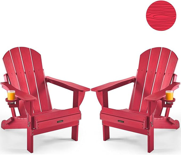 Ciokea Folding Adirondack Chair 2 Pack, Patio Adirondack Chair Weather Resistant, Plastic Fire Pit Chair with Cup Holder - Photo 1