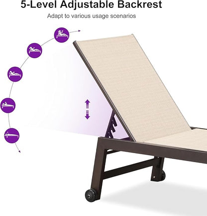 PURPLE LEAF Outdoor Chaise Lounge Chair Set of 2, Patio Pool Textilene Loungers with Adjustable Backrest and Wheels, Includes Side Table for Deck, Lawn, Garden, Cream