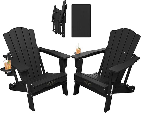 Folding Adirondack Chair Set of 2, HDPE All-Weather Outdoor Chair with Cup Holder, Wooden Textured, Fire Pit Chair - Photo 1