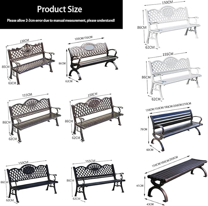 Outdoor Bench Chair Cast Aluminum Park Bench Large All Weather Metal Garden Bench for Backyard Porch Lawn (150cm DB Armless No Backrest Bench)
