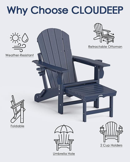 Folding Adirondack Chair with Ottoman, Recyclable HDPE Adirondack Patio Chair with 2 Cup Holder, Outdoor Fire Pit Chairs with Pull Out Footrest, Weather Resistant for Garden, Deck, Poolside, Navy Blue