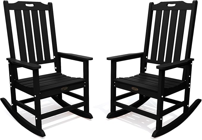Oversized Rocking Chair Set of 2, Outdoor Rocking Chair for Adults, All Weather Resistant Porch Rocker for Lawn Garden, Black