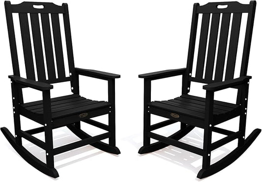 Oversized Rocking Chair Set of 2, Outdoor Rocking Chair for Adults, All Weather Resistant Porch Rocker for Lawn Garden, Black