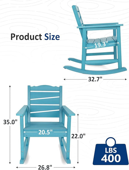 Patio Rocking Chairs Set of 2, Weatherproof HIPS Outdoor Rocking Chair for Adults, 400LBS Support Heavy Duty Porch Rocking Chairs for Garden, Lawn, Backyard, Outdoor and Indoor (Lake Blue)
