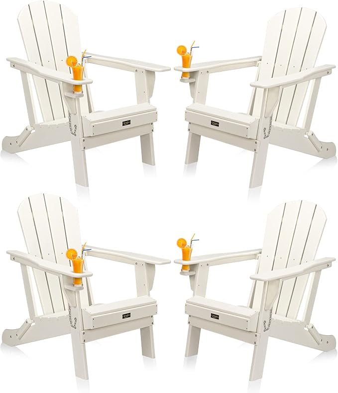 VINGLI Plastic Adirondack Chairs Set of 4, Folding with Cup Holder, Waterproof HDPE Material, Comfortable 380lb Weight Capacity for Outdoor Pool Patio Lounge Chair Lawn Furniture Firepit (White)