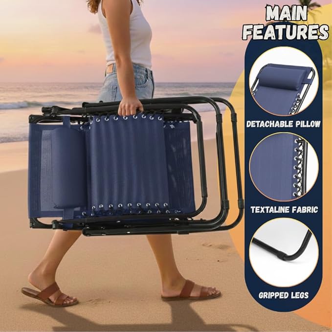 EZONE Zero Gravity Lounge Chairs Outdoor Adjustable Reclining Patio Chair Steel Mesh Folding Recliner for Pool Beach Camping Lounge Chair with Pillows and Cup Tray (2, Navy Blue)