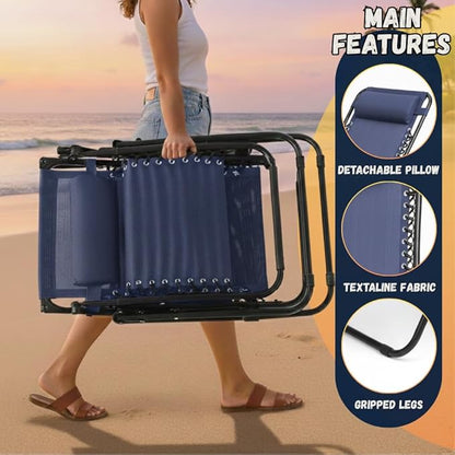 EZONE Zero Gravity Lounge Chairs Outdoor Adjustable Reclining Patio Chair Steel Mesh Folding Recliner for Pool Beach Camping Lounge Chair with Pillows and Cup Tray (2, Navy Blue)