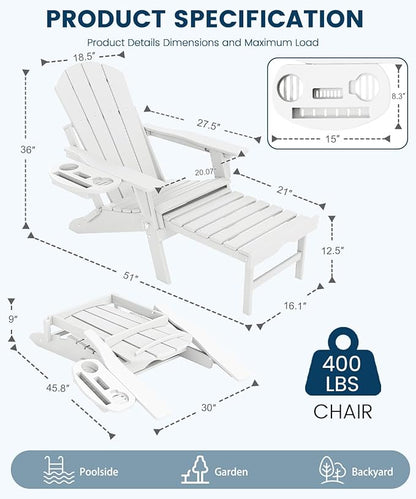 FOOWIN Folding Adjustable Adirondack Chair with Retractable Ottoman Set of 4,HDPE Adirondack Chair w/4 in 1 Cup Holder Trays,All-Weather Resistant Fire Pit Chair for Outdoor Patio Lawn, White