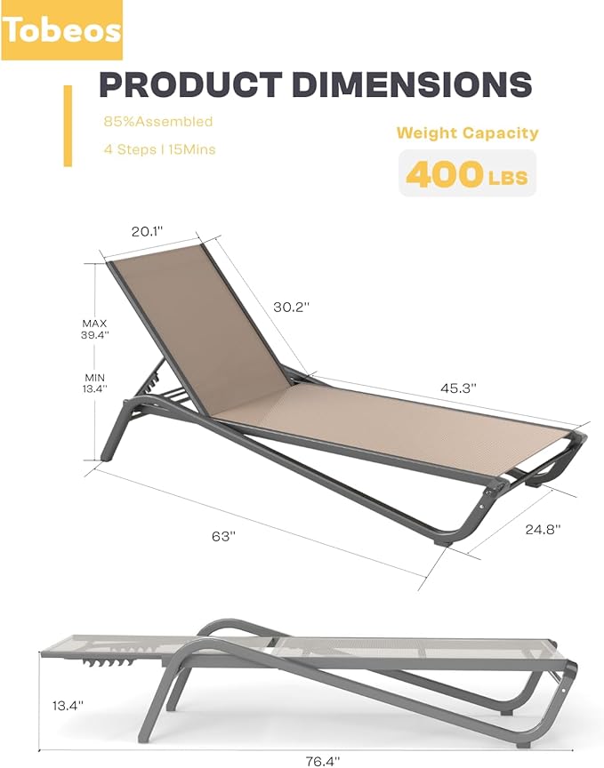 Outdoor Chaise Lounge Chair Set of 2 with Side Table, 5-Position Adjustable Patio Lounge Chair with Aluminum Frame, Textilene Fabric Pool Loung Chairs for Poolside, Deck, Backyard (Khaki)
