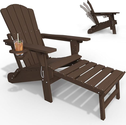 Adjustable Adirondack Chairs with Retractable Ottoman, HDEP Folding Adirondack Chair with Footrest & Cup Holder, All Weather Fire Pit Chair for Outdoor,Brown