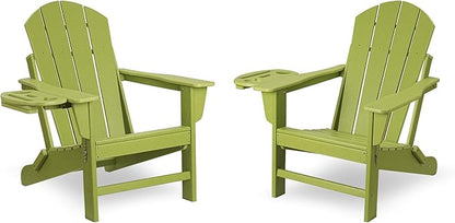 FOOWIN Folding Adirondack Chair Set of 2, HDPE Adirondack Chairs with Cup Holder, Weather Resistant Plastic Fire Pit Chairs for Outdoor, Patio, Lawn, Garden, Backyard, Deck, Light Green