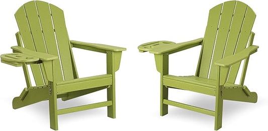 FOOWIN Folding Adirondack Chair Set of 2, HDPE Adirondack Chairs with Cup Holder, Weather Resistant Plastic Fire Pit Chairs for Outdoor, Patio, Lawn, Garden, Backyard, Deck, Light Green