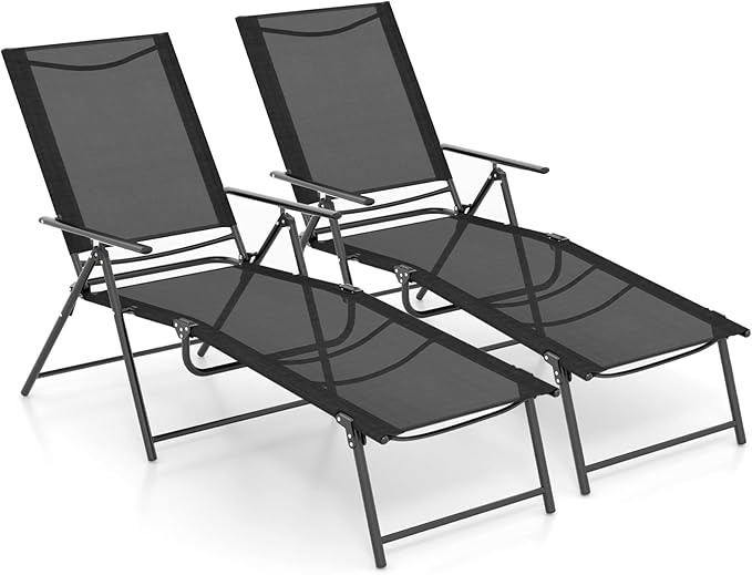 Tangkula Outdoor Lounge Chairs Set of 2, Patio Folding Chaise Recliner with 6-Level Backrest - Photo 1