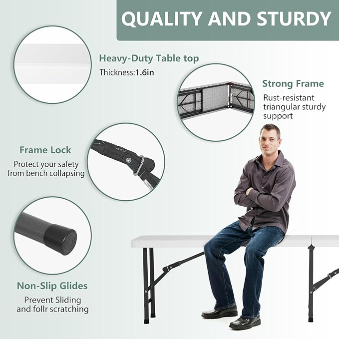 PayLessHere Portable 6 FT Plastic Folding Bench for Outdoor Use, Complete with Carrying Handle for Picnics Camping Dining Parties (2)