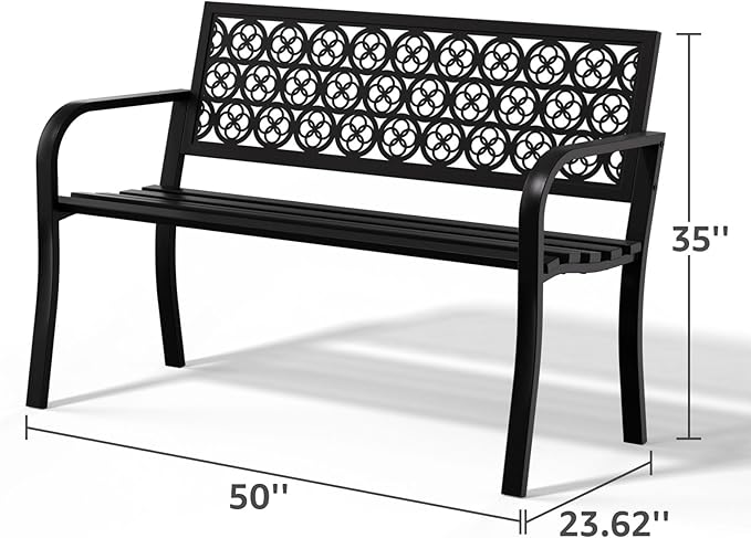 Outdoor Bench Garden Bench Patio Bench,Weatherproof Anti-Rust Metal Powder Coated Frame Park Bench,Metal Bench for Yard & Porch & Park (Wreath)